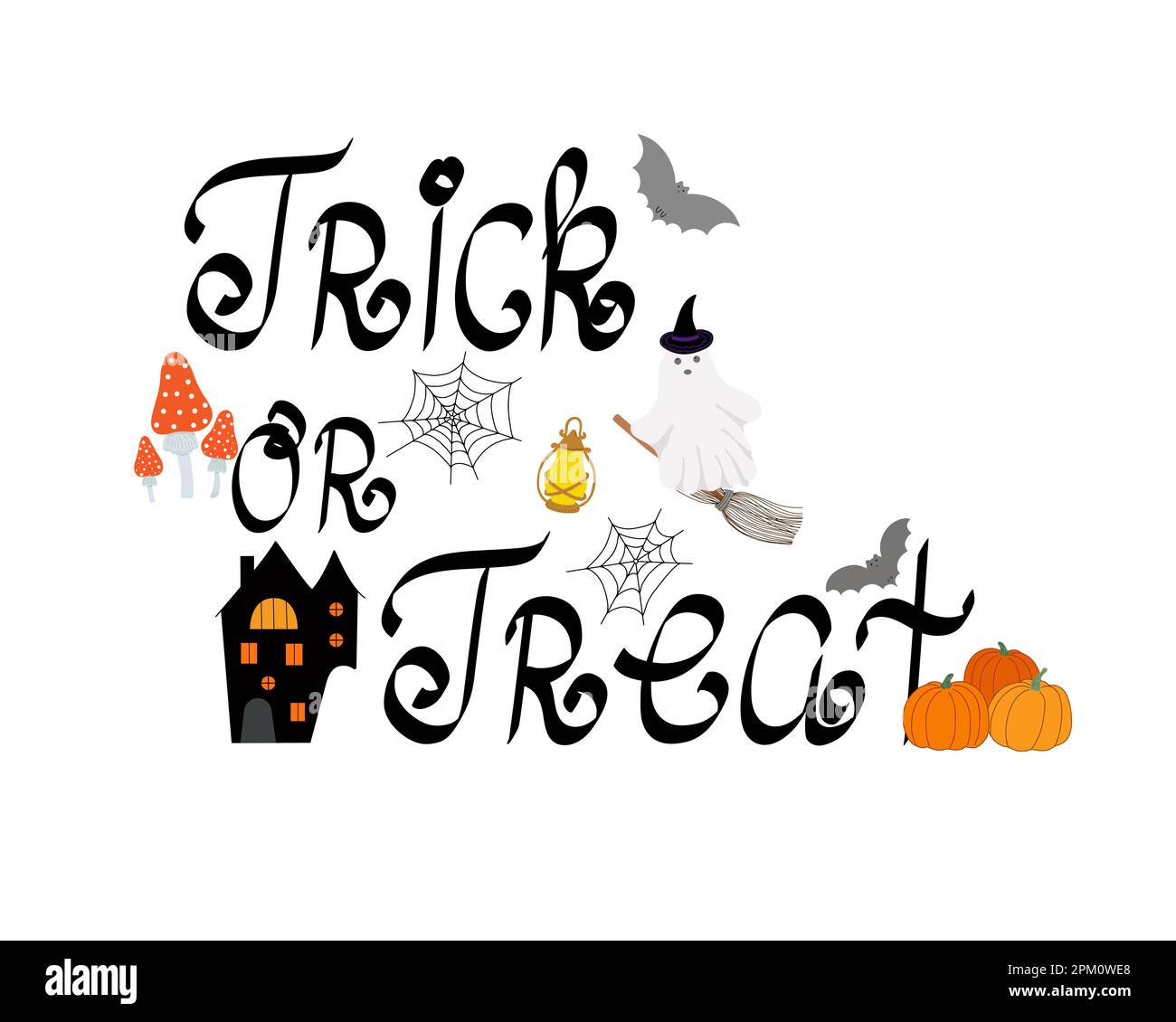 Trucco o trattare Halloween vacanza tradizionale frase con elementi di decorazione celebrazione ragno web, pipistrello, casa infestata, fantasma, scopa, zucca, cappello, fungo, design autunnale, storia dell'orrore Illustrazione Vettoriale