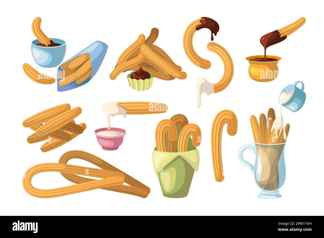 Deliziosi churros con set di illustrazioni cartoni animati con salsa al cioccolato Illustrazione Vettoriale