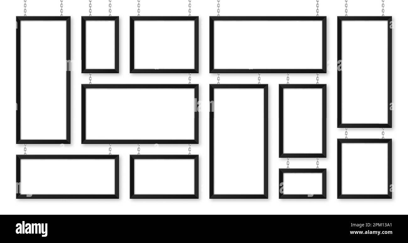 Cartelli neri appesi su una catena metallica. Menu del ristorante. Moderno poster mockup. Foto o cornice vuota. Pubblicità o presentazione Illustrazione Vettoriale