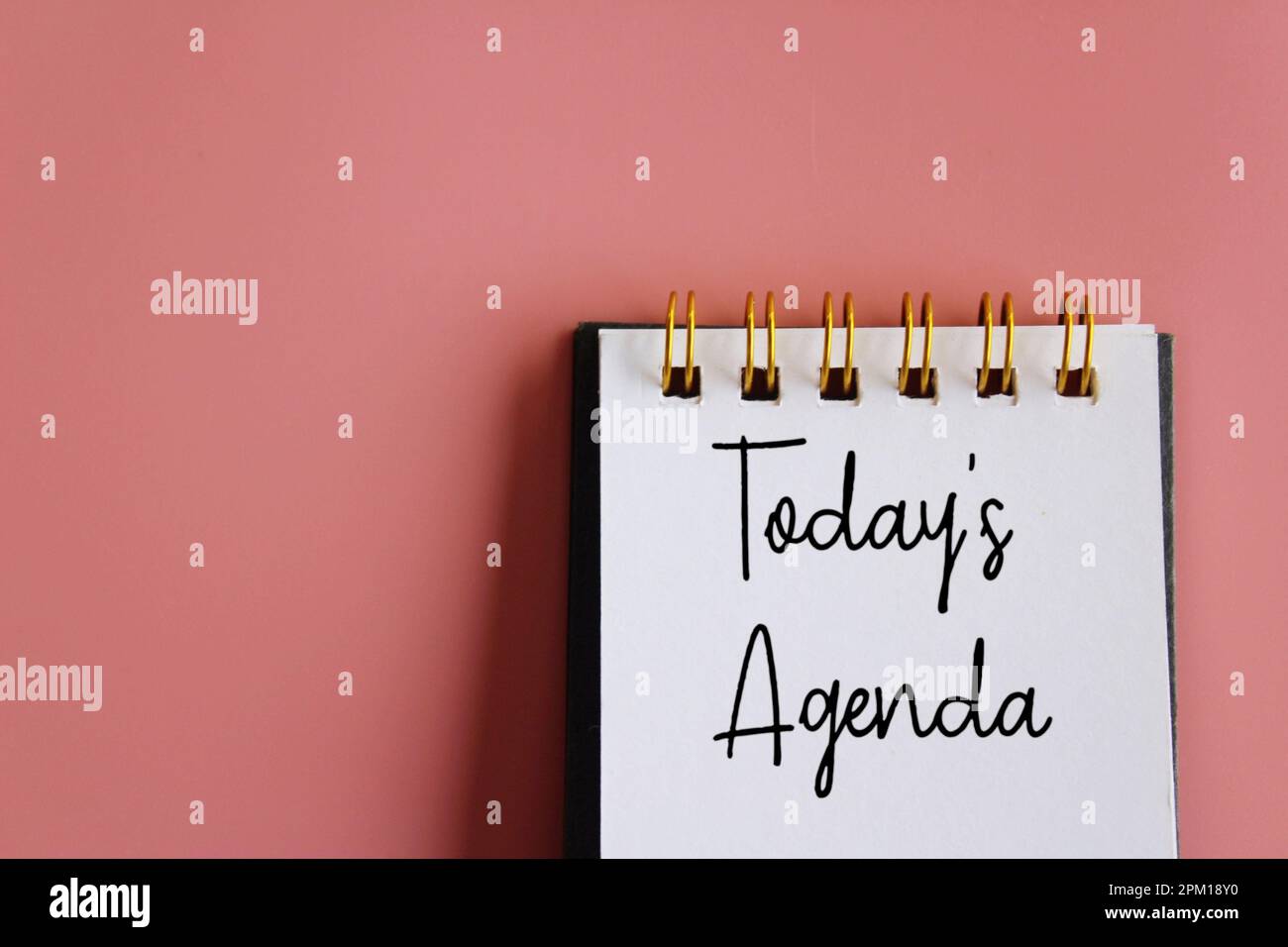 Notebook con testo DELL'AGENDA DI OGGI su sfondo rosa con spazio per le copie Foto Stock