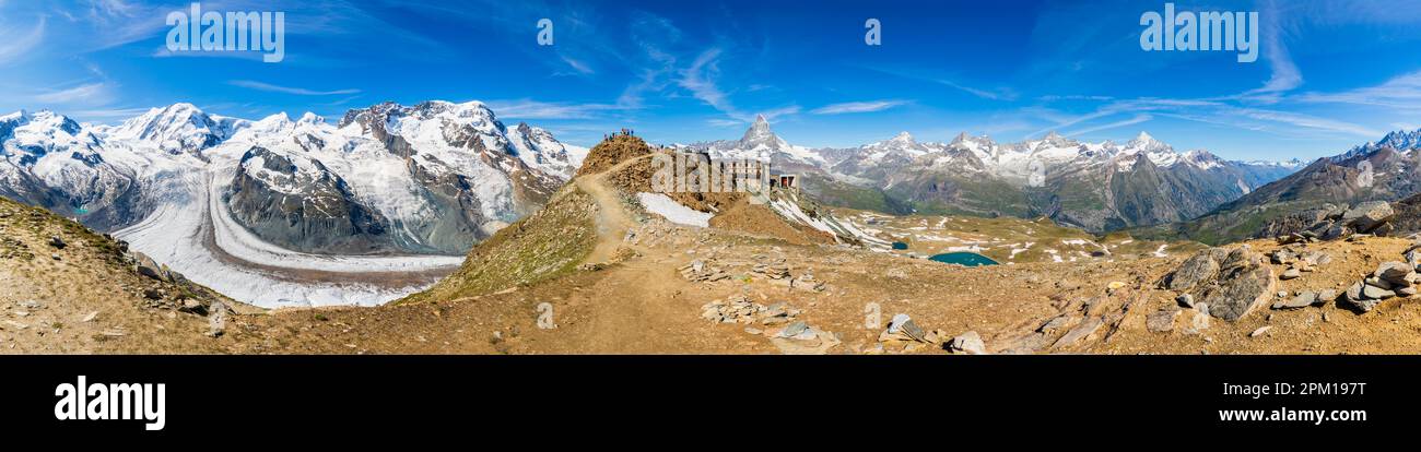 Il Cervino dietro l'osservatorio del Gornergrat, un crinale delle Alpi Pennine che si affaccia sul Ghiacciaio del Gorner sopra Zermatt, Vallese, Svizzera Foto Stock