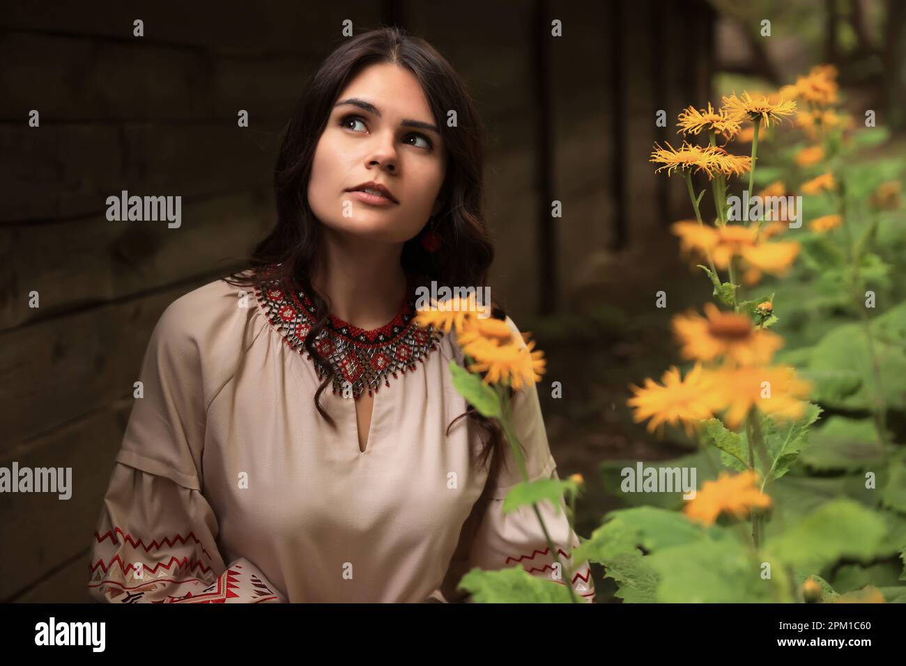 Bella donna vestito ricamato in giardino fiorito. Vestiti nazionali ucraini Foto Stock