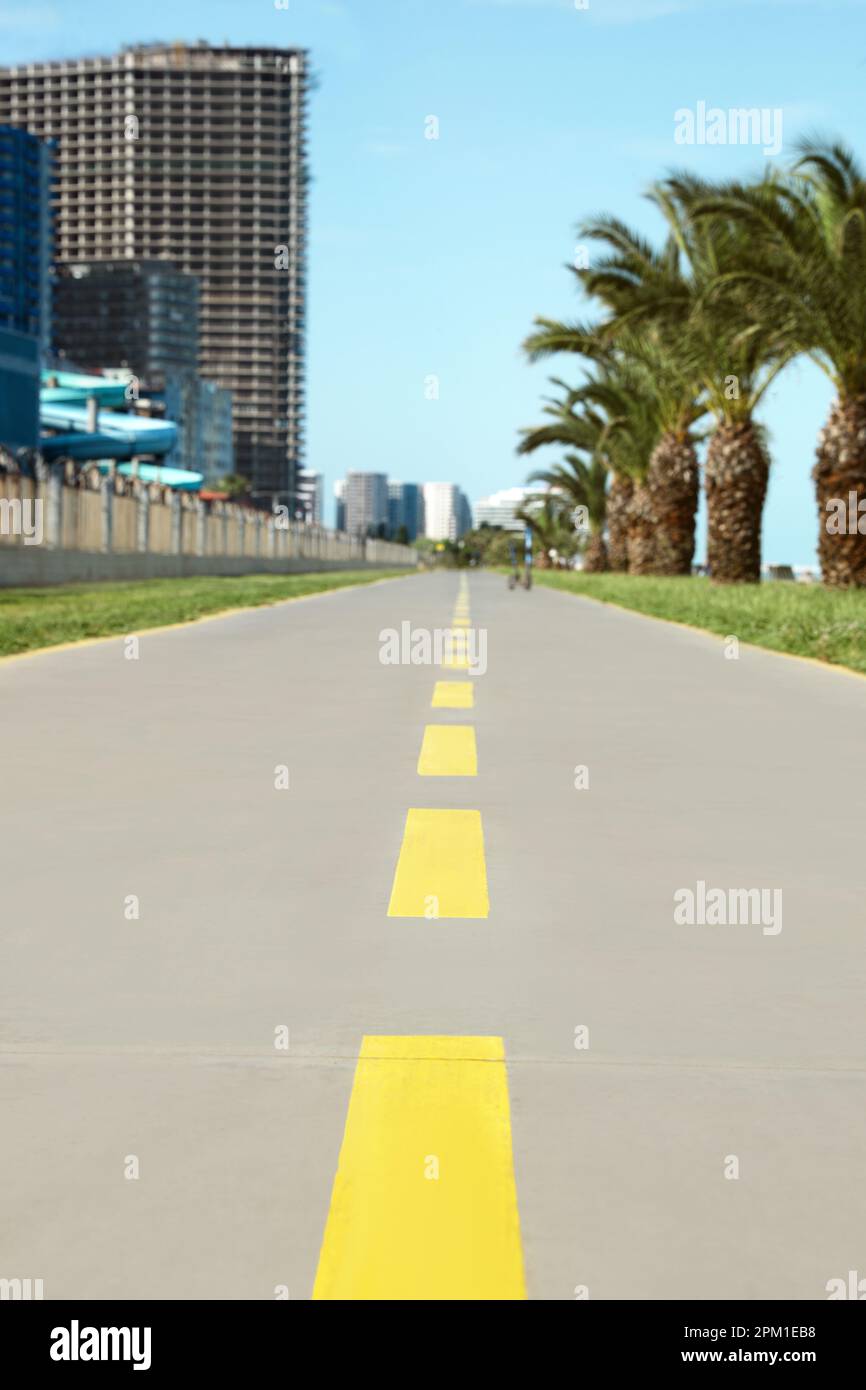 Pista ciclabile con linee di demarcazione gialle dipinte su asfalto, primo piano Foto Stock