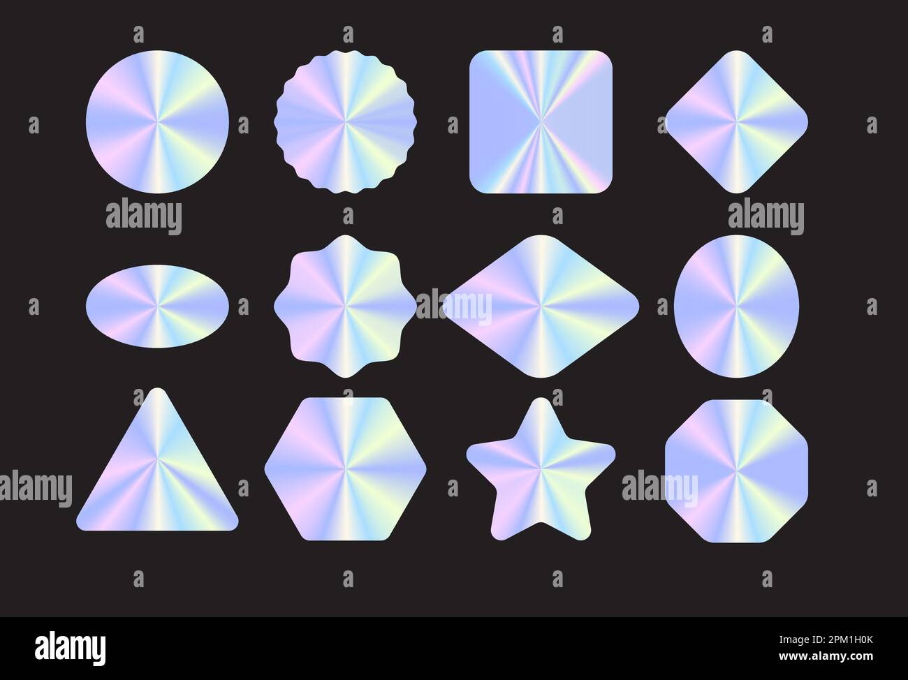 Confezione di adesivi e etichette olografiche. Illustrazione vettoriale. Distintivi ologrammi luminosi in forme diverse isolati su sfondo trasparente Illustrazione Vettoriale
