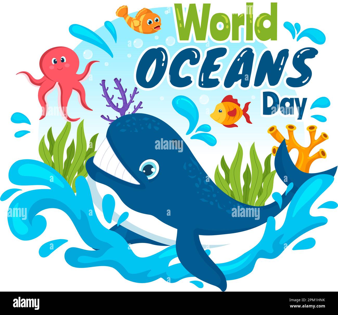 Illustrazione della Giornata mondiale degli oceani per proteggere e conservare le piante oceaniche, ittiche, ecosystem o marine in Cartoon piano disegnato a mano per i modelli di landing page Illustrazione Vettoriale
