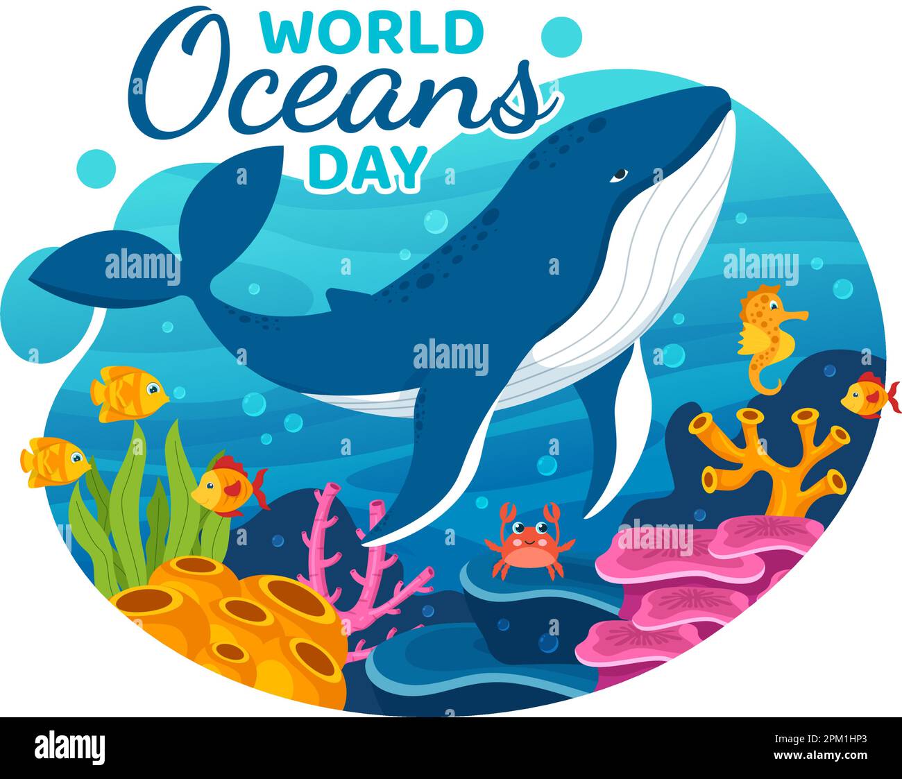 Illustrazione della Giornata mondiale degli oceani per proteggere e conservare le piante oceaniche, ittiche, ecosystem o marine in Cartoon piano disegnato a mano per i modelli di landing page Illustrazione Vettoriale