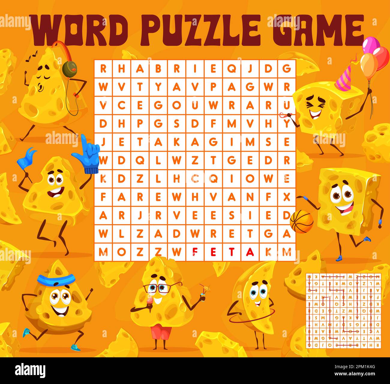 Cartoni animati maasdam e gouda personaggi del formaggio. Ricerca parola puzzle gioco foglio di lavoro. Vector Crossword per bambini, griglia di quiz di divertimento con brie, cheddar, parm Illustrazione Vettoriale