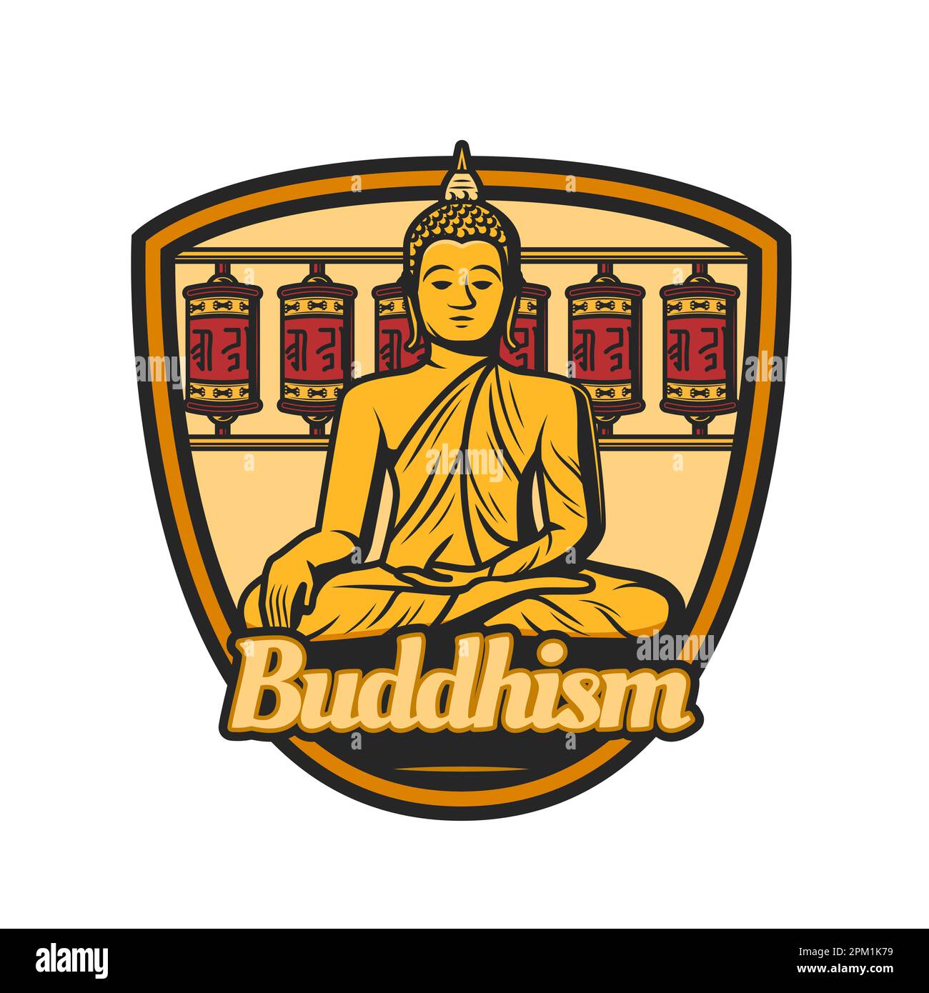 Icona del Buddismo. Buddha e ruote di preghiera. Religione buddhista, filosofia orientale o meditazione scuola di vintage emblema o simbolo con Buddha che si trova in lo Illustrazione Vettoriale