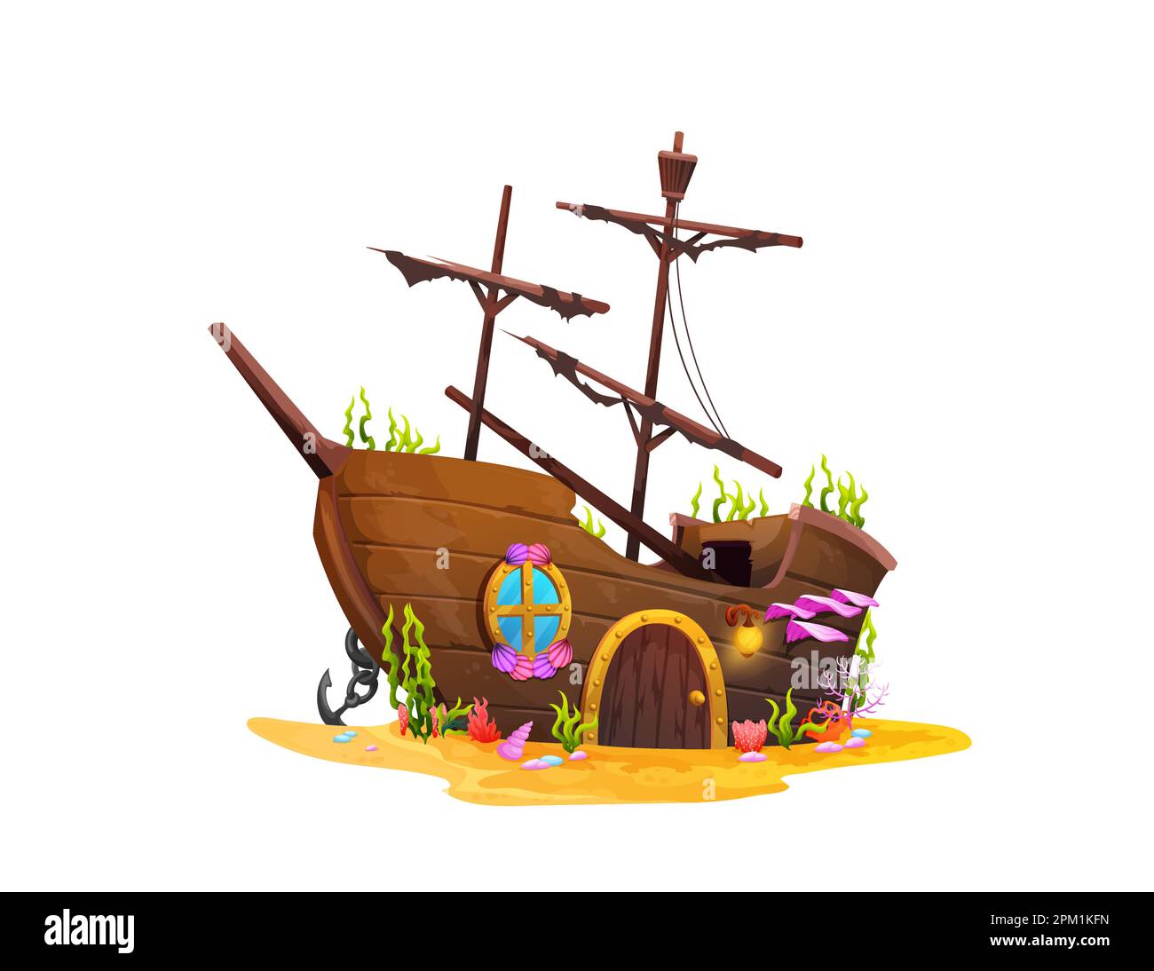 Cartone animato nave affondata, costruzione subacquea casa o pirata barca a vela relitti, vettore, casa sottomarina. Nave nave naufragi dimora di creature acquatiche wi Illustrazione Vettoriale