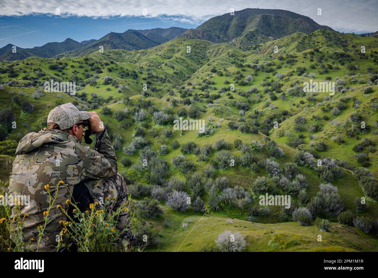 Un cacciatore che si aggira su una collina lontana alla ricerca di cinghiali in California. Foto Stock