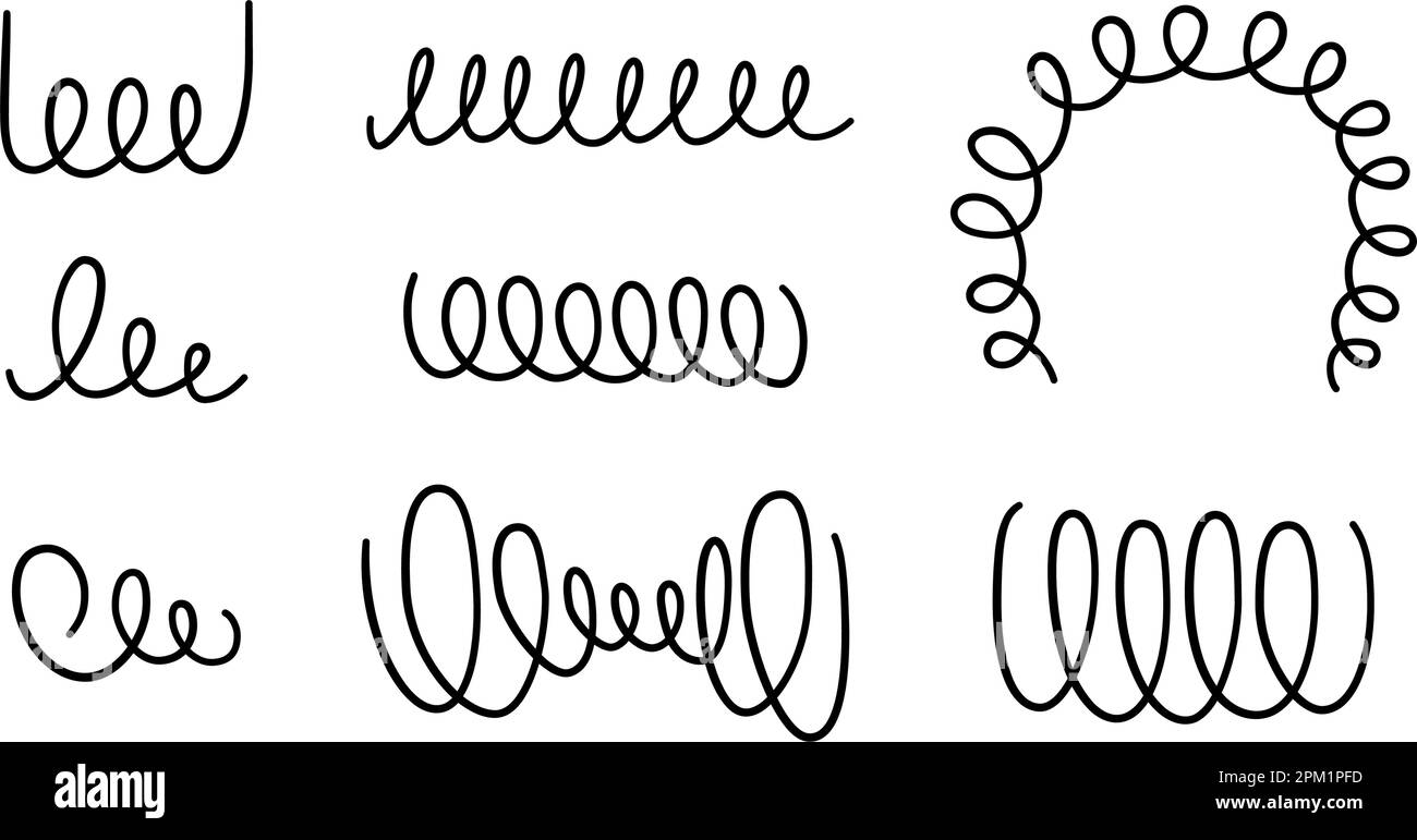Set di molle a spirale disegnate a mano. Bobine flessibili Doodle, simboli a molla a filo. Icone a spirale in metallo. Illustrazione vettoriale isolata su sfondo bianco Illustrazione Vettoriale