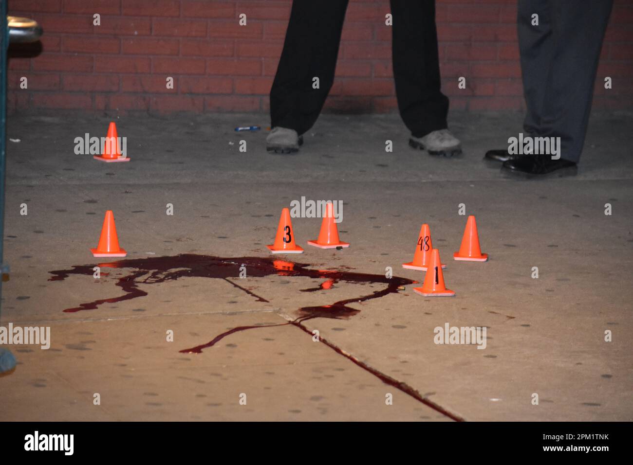 Bronx, Stati Uniti. 10th Apr, 2023. (NOTA PER I REDATTORI: L'immagine contiene contenuti grafici)marcatori di sangue ed evidenza visti sulla scena. Due maschi sono stati sparati secondo il Dipartimento di polizia di New York City. Un maschio di 17 anni è stato colpito ed è in condizione stabile e un altro maschio è in condizione critica. (Foto di Kyle Mazza/SOPA Images/Sipa USA) Credit: Sipa USA/Alamy Live News Foto Stock