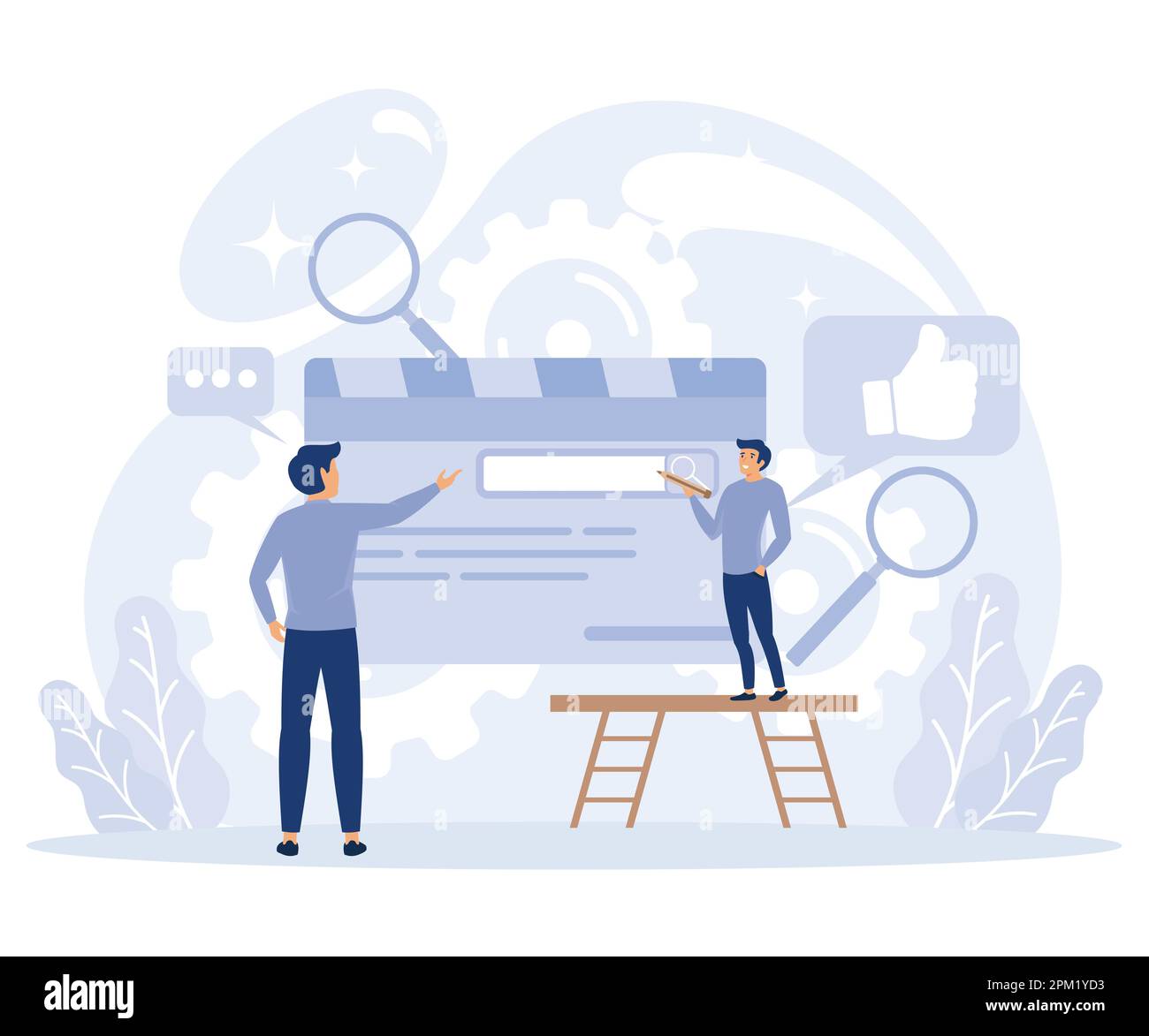 Azienda ultime notizie concetto, Glossario e newsletter, termini e dizionario, Chi siamo, landing page, ricevi aggiornamenti, promozione, flat vettore moderno illustre Illustrazione Vettoriale