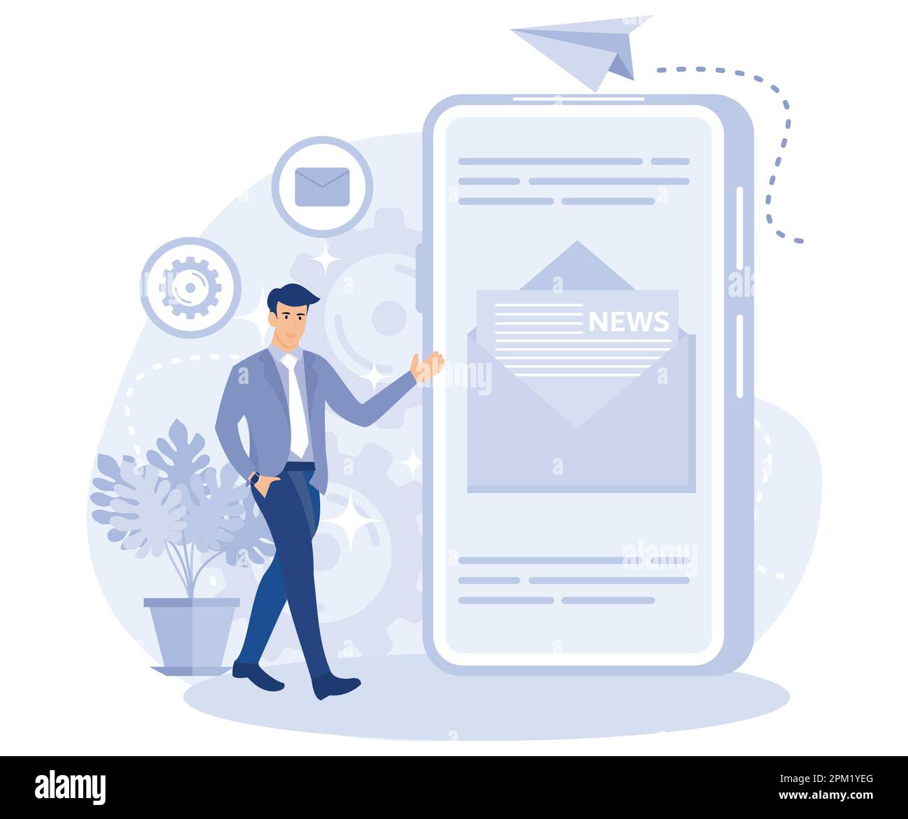 Informazioni sulle ultime novità aziendali, barra dei menu delle newsletter, termini e dizionario, informazioni su di noi, landing page, ricevi aggiornamenti, promozione, vettore piatto moderno illustratio Illustrazione Vettoriale