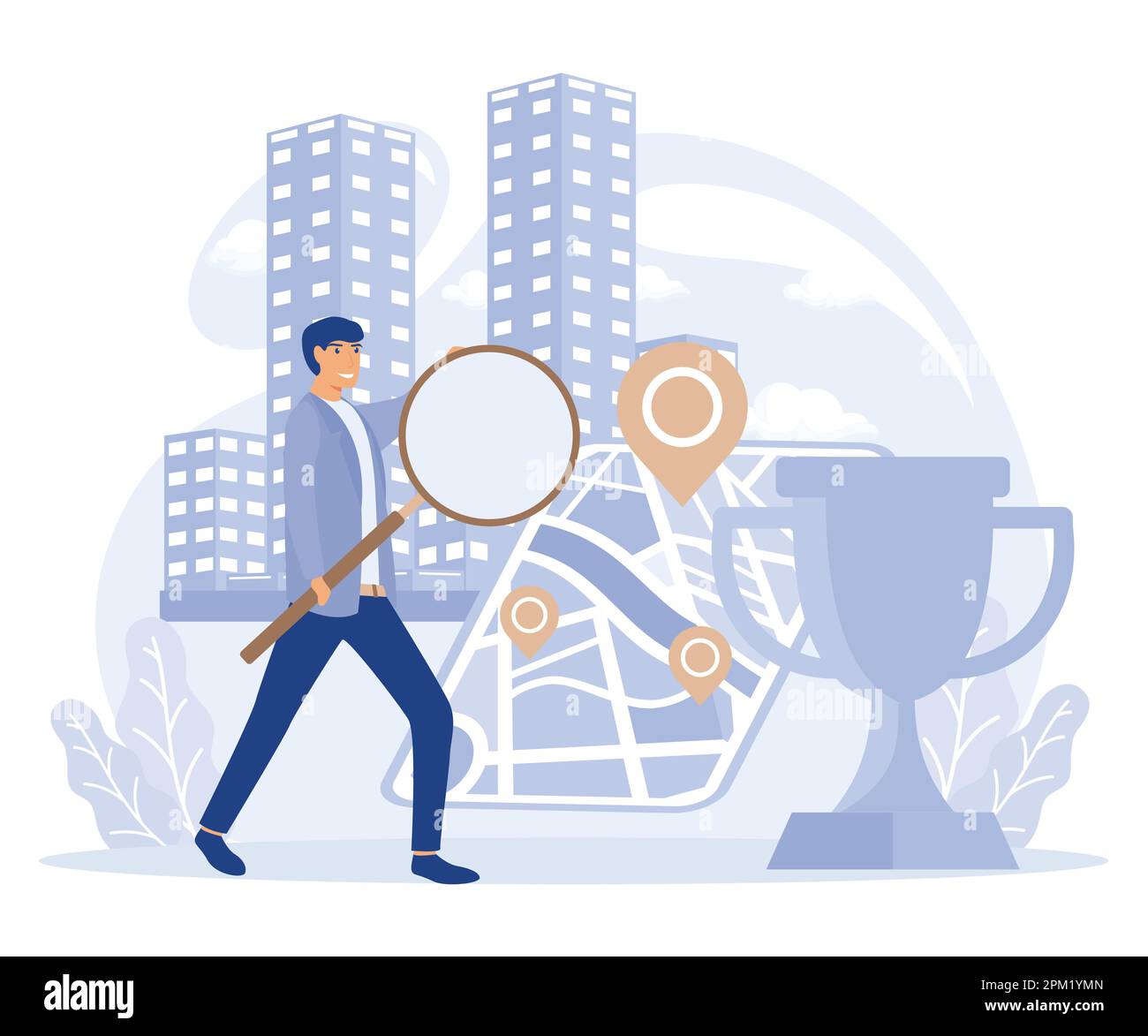 Concetto turistico, ricerca interattiva della città, tour della città, progetto destinazioni intelligenti, parco urbano, città vecchia, scattare foto, smart spot, piatto vettore moder Illustrazione Vettoriale