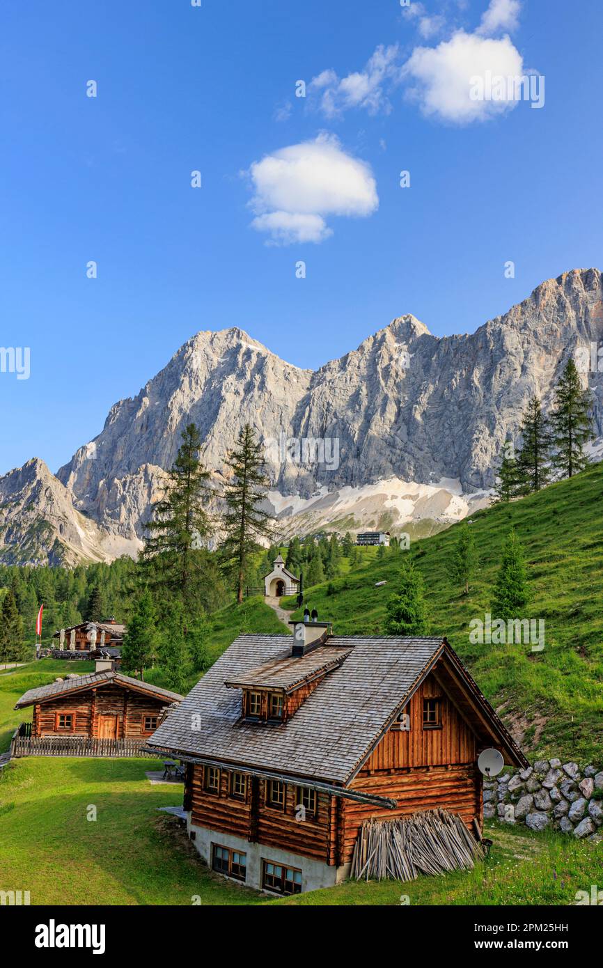 Case in tronchi a Brandalm, in back Hoher Dachstein, Monti Dachstein, Salisburgo, Austria Foto Stock