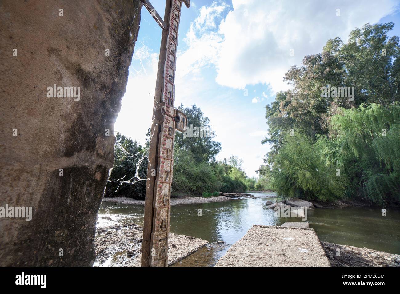 Scala polverosa per la misurazione del livello dell'acqua del fiume. Reti a crociera visibili Foto Stock