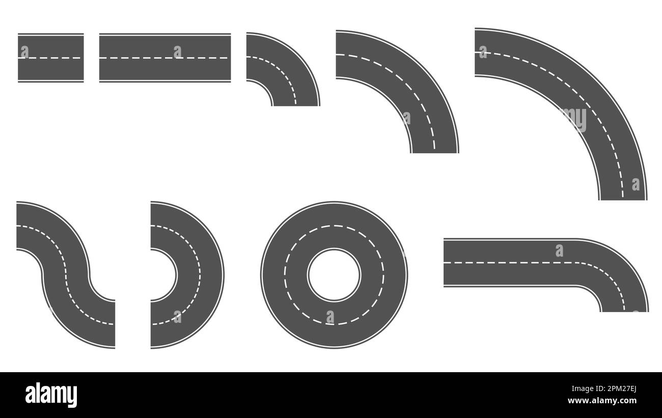 Set di pedane grigie con linea tratteggiata in mezzo isolato su bianco. Costruttore stradale. Clipart del vettore. Illustrazione Vettoriale