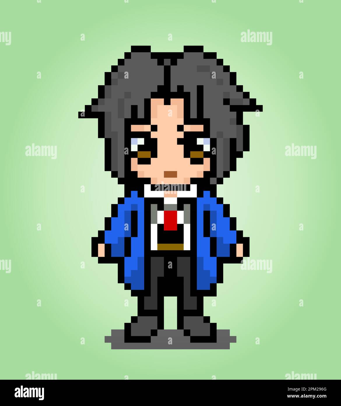 pixel di caratteri maschi a 8 bit. Pixel umani in illustrazioni vettoriali per le risorse di gioco o modelli a punti incrociati. Illustrazione Vettoriale