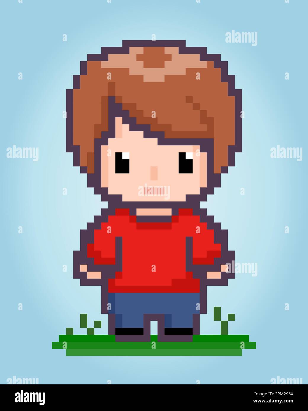 pixel di caratteri maschi a 8 bit. Pixel umani in illustrazioni vettoriali per le risorse di gioco o modelli a punti incrociati. Illustrazione Vettoriale