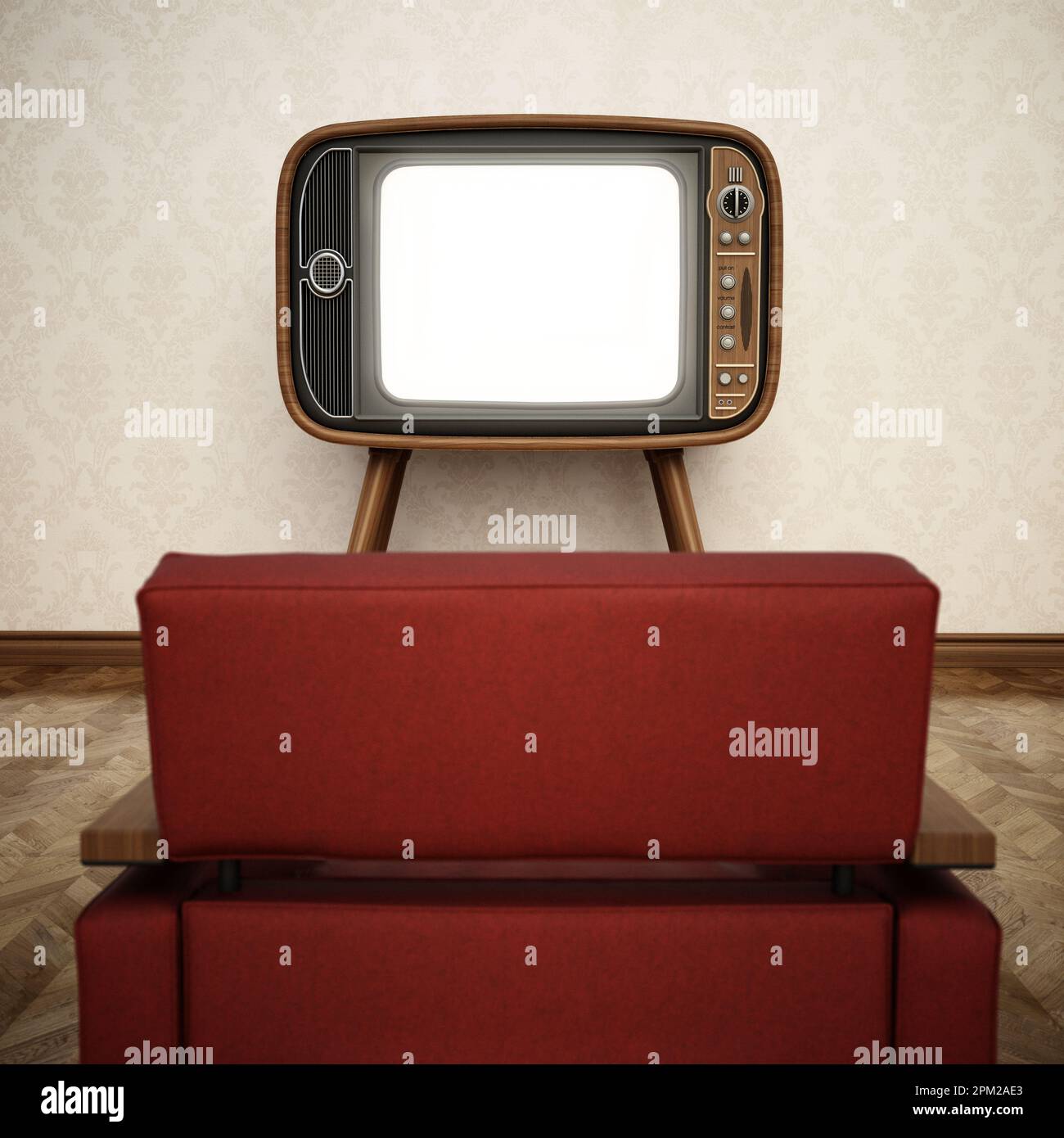 tv analogica retro con schermo vuoto e poltrona rossa retro. Illustrazione 3D. Foto Stock