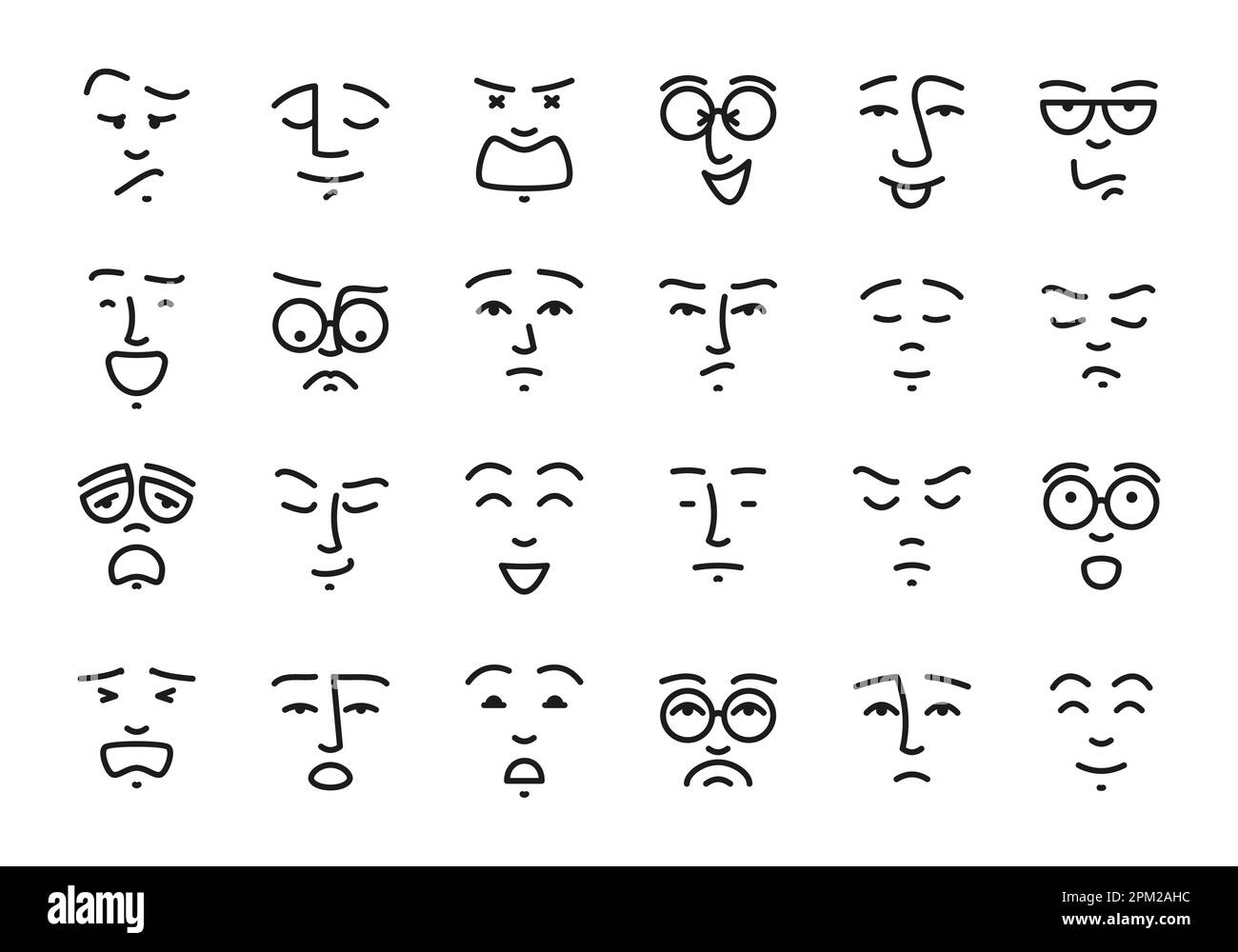 Simpatiche emozioni cartone animato. Emozioni faccia del doodle differenti con i volti felici pazzi ed espressioni, simboli del doodle dell'avatar. Raccolta vettoriale. Sentimenti positivi e negativi, caricature dei personaggi Illustrazione Vettoriale