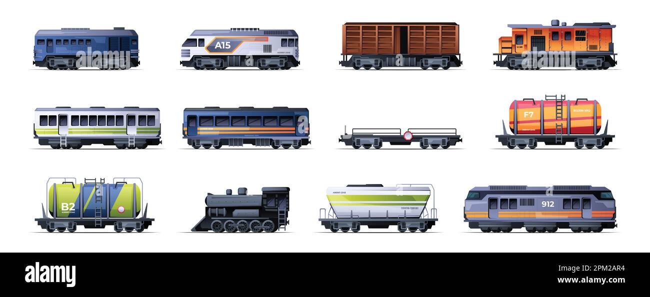 Treni e vagoni. Cartoni stradali, treni metropolitani e vagoni metropolitani, concetto di trasporto di locomotive elettriche sotterranee. Set vettoriale. Esportazione o importazione di spedizioni su ferrovia Illustrazione Vettoriale