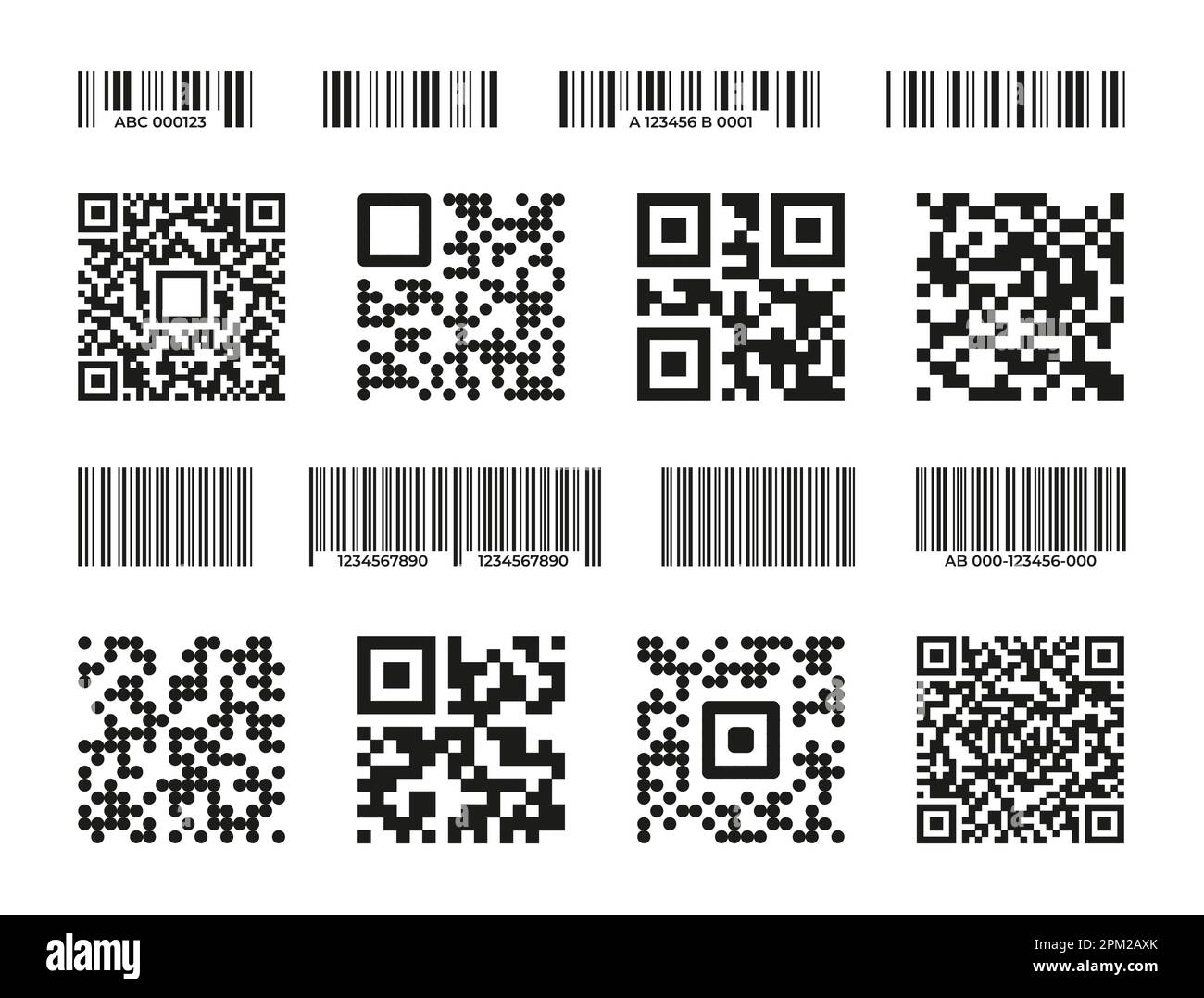Codici a barre e QR. Codice di scansione per l'etichettatura e il tracciamento, strisce nere con codice a barre e numero per l'identificazione, elemento di imballaggio dei prodotti per supermercati. Set vettoriale. Icone quadrate per informazioni Illustrazione Vettoriale