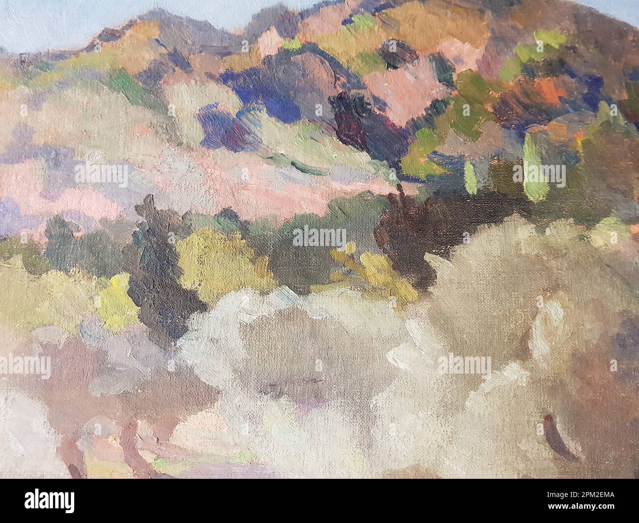 Particolare di un dipinto ad olio che mostra un paesaggio. Foto Stock