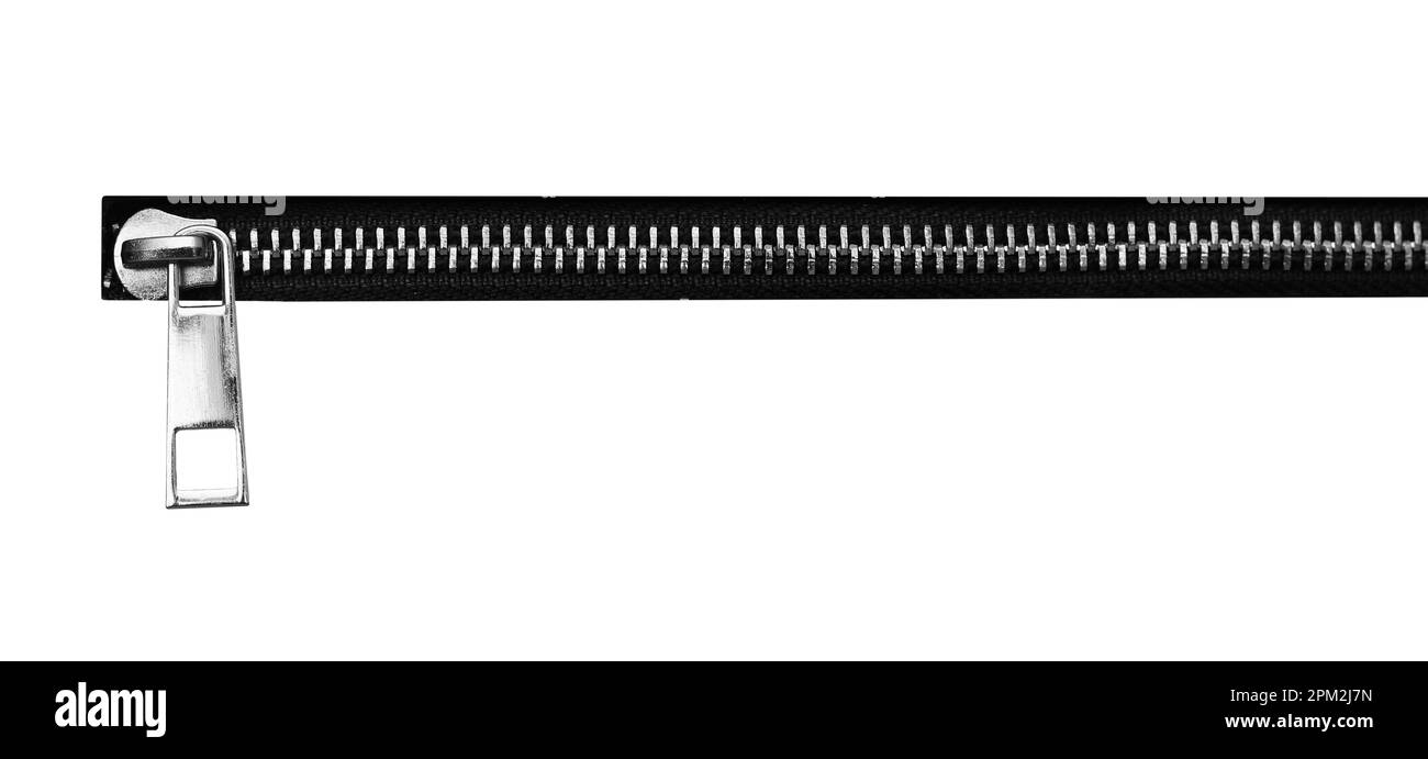 chiusura lampo in metallo blck isolata su sfondo bianco Foto Stock