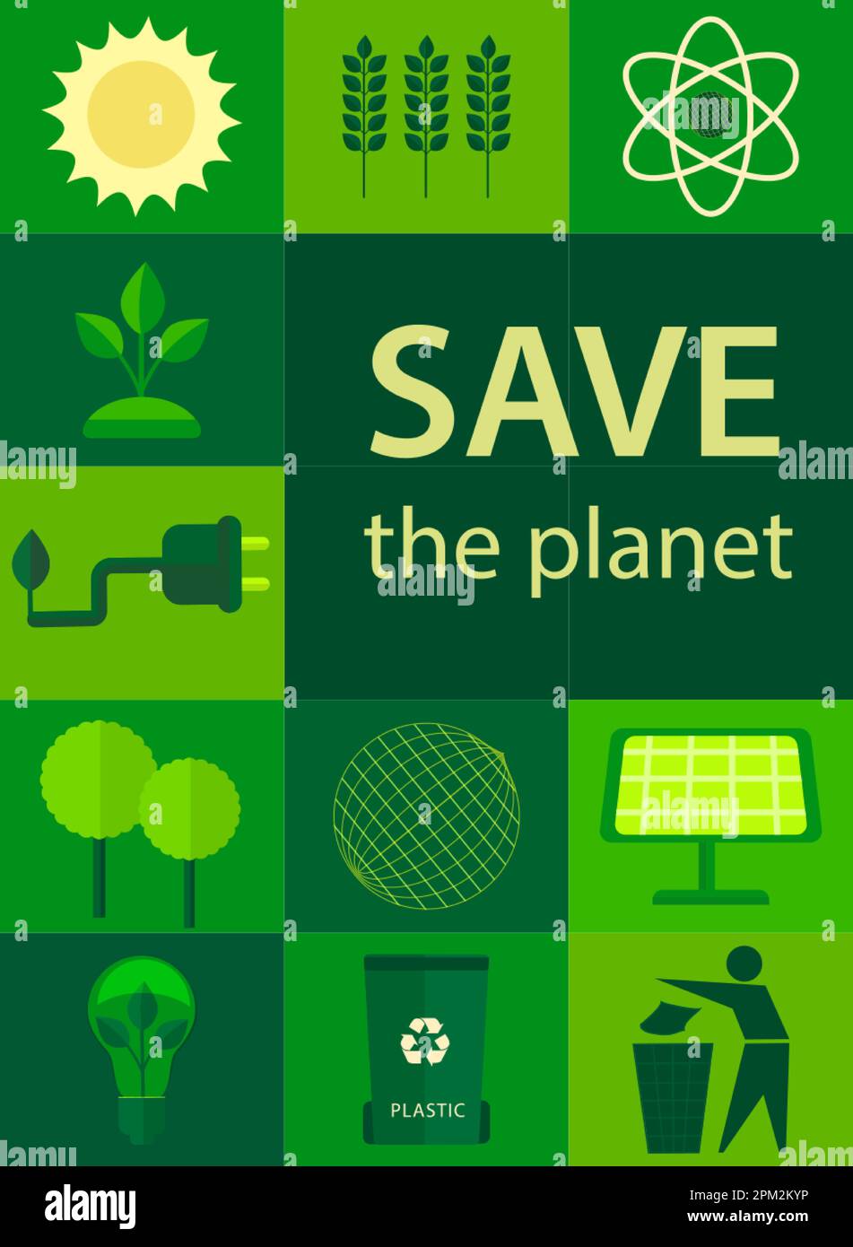 Salviamo la Terra. Icone con temi ecologici. Modello per sfondo, banner, cartolina, poster con iscrizione di testo. Vettore Illustrazione Vettoriale