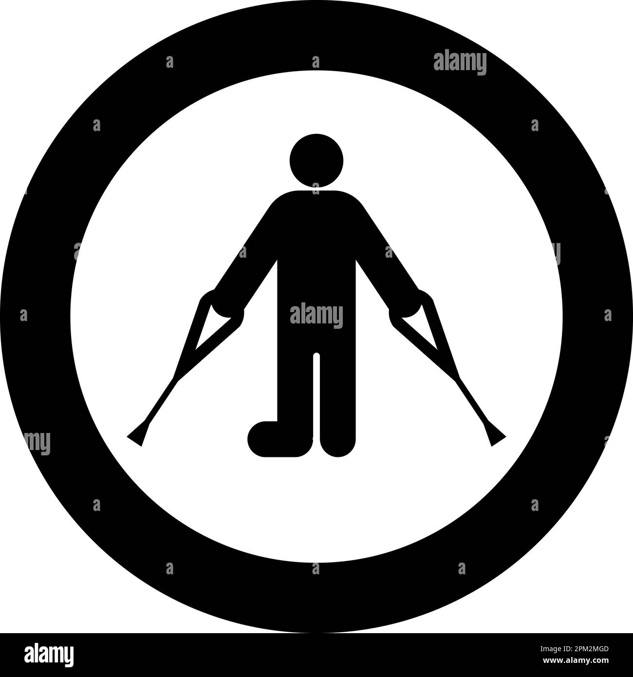 Uomo con gamba rotta crutch canna gesso bastone piede con bastoni persona crutches trauma concetto icona in cerchio rotondo colore nero vettore illustrazione Illustrazione Vettoriale