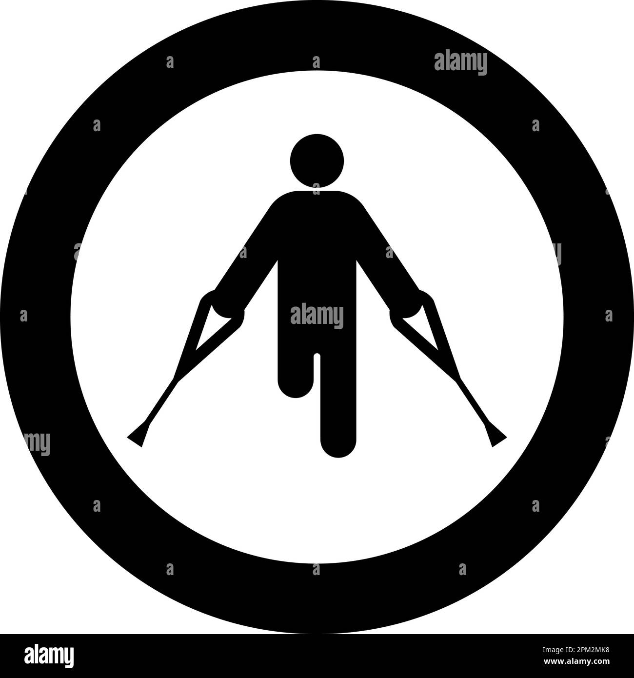 Uomo con gamba rotta crutch canna gesso bastone piede con bastoni persona crutches trauma concetto icona in cerchio rotondo colore nero vettore illustrazione Illustrazione Vettoriale