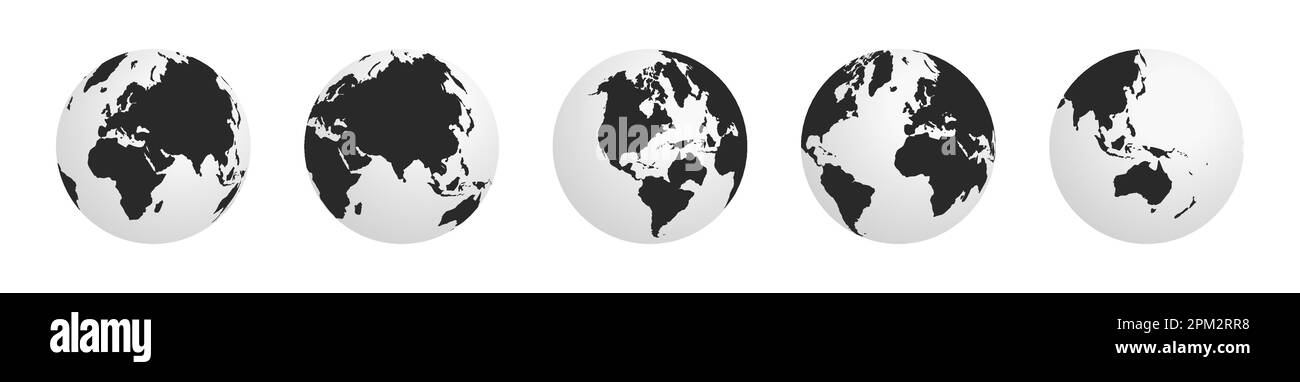 Set di globi della Terra. Mappa realistica del mondo a forma di globo. Icone del globo. Emisferi di terra con continenti. 3d set di mappe vettoriali del mondo. Illustrazione Vettoriale