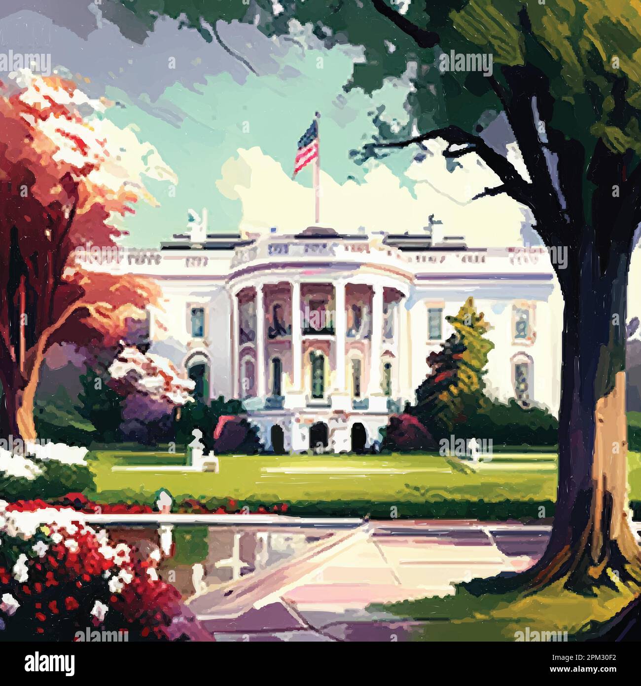 Casa bianca Washington DC. Grafica vettoriale del lato Sud della facciata. Illustrazione realistica di un cortile. Illustrazione Vettoriale