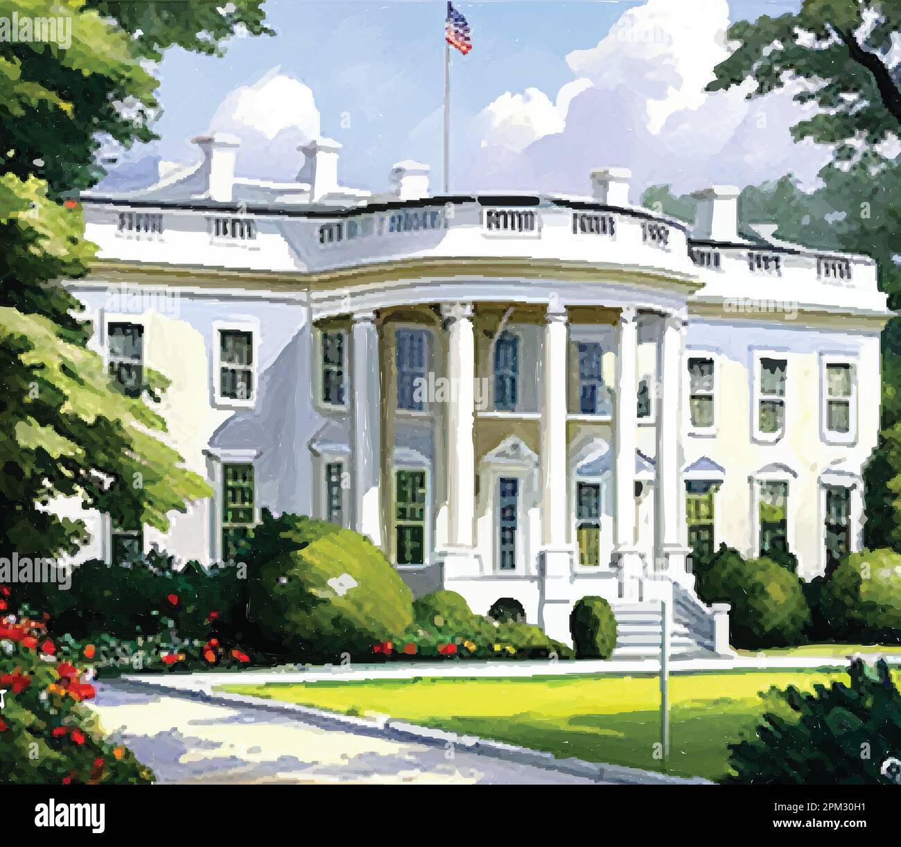 Casa bianca Washington DC. Grafica vettoriale del lato Sud della facciata. Illustrazione realistica di un cortile. Illustrazione Vettoriale
