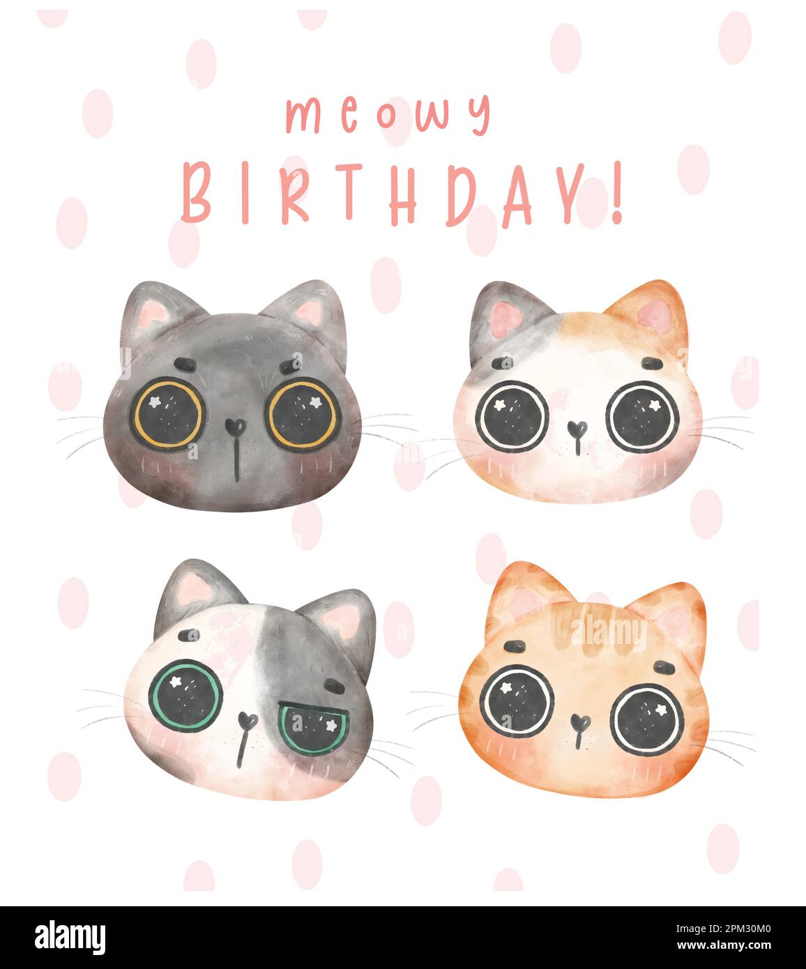 Gruppo di adorabili gatti gattino testa in diverse razze Meowy compleanno acquerello illustrazione biglietto d'auguri Illustrazione Vettoriale