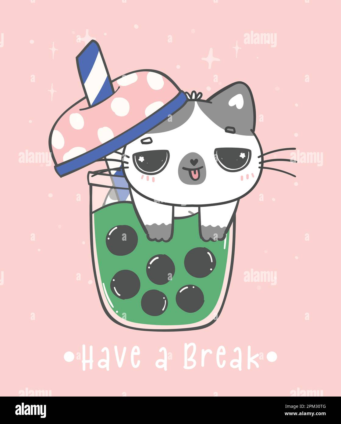 Kawaii calico gattino gatto in bolla verde matcha tè tazza, gatto bob hanno una pausa, adorabile cartone animato animale doodle disegno mano Illustrazione Vettoriale