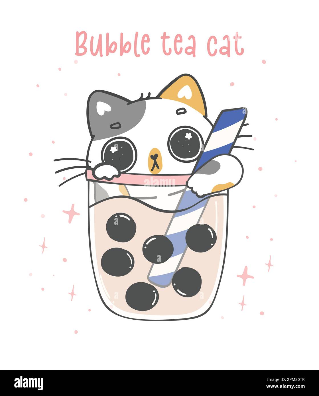 Kawaii divertente calico gattino gatto in bolla latte tè tazza, bolla tè gatto, adorabile cartone animato animale doodle disegno mano Illustrazione Vettoriale