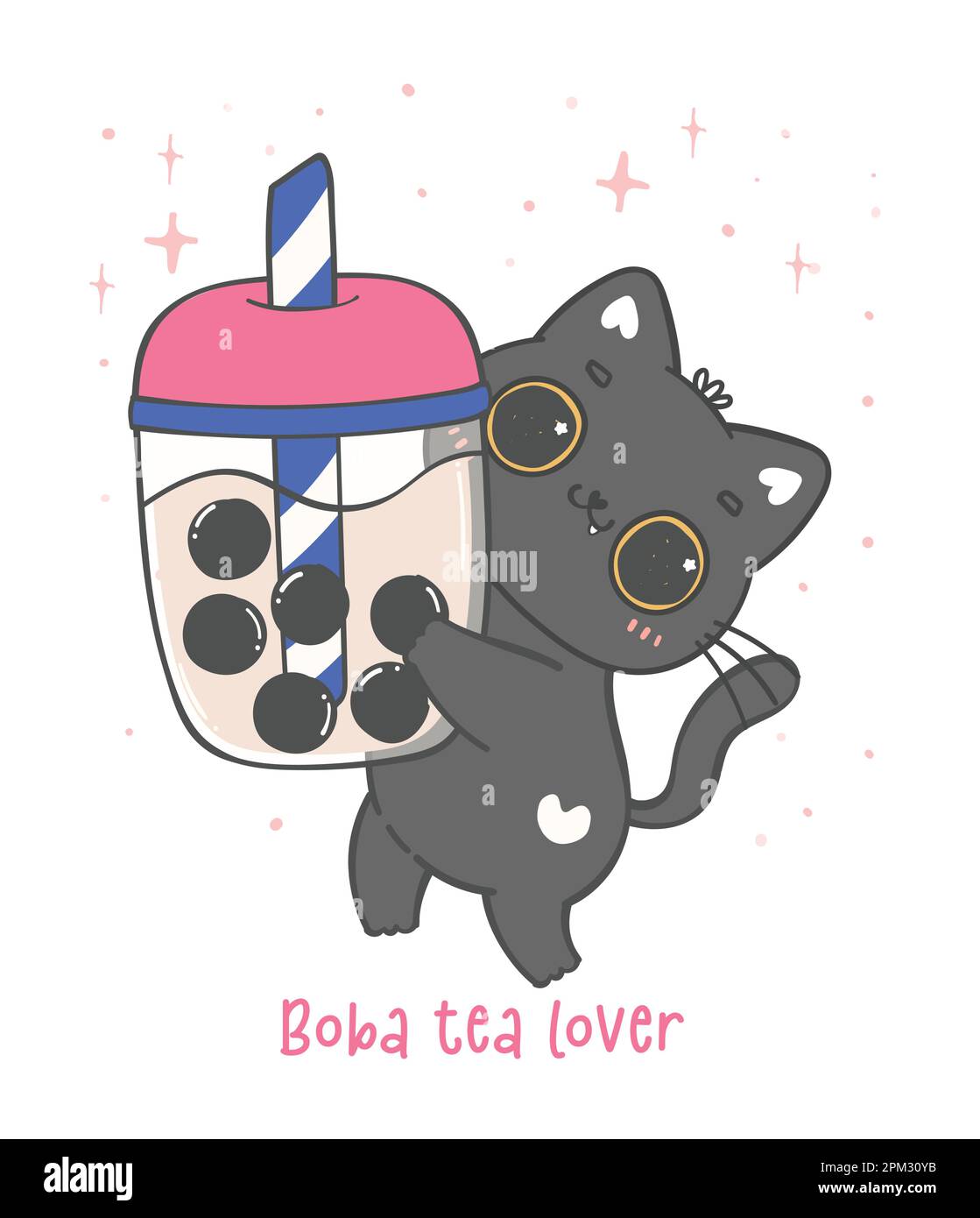 Kawaii gattino nero gatto abbraccio bolla tè tazza latte, gatto amante di boba, adorabile cartoon animale doodle disegno a mano Illustrazione Vettoriale