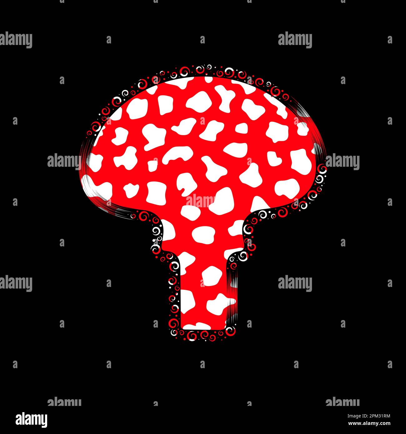 Illustrazione di una silhouette a fungo agarico a mosca con texture rossa e bianca. Sfondo colorato vettoriale. Illustrazione Vettoriale