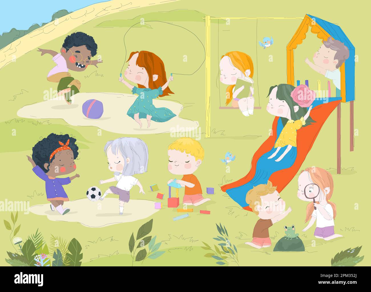 Gruppo di ragazzi che giocano nel parco giochi trascorrono del tempo in Giochi, divertendosi, imbrogliando Illustrazione Vettoriale