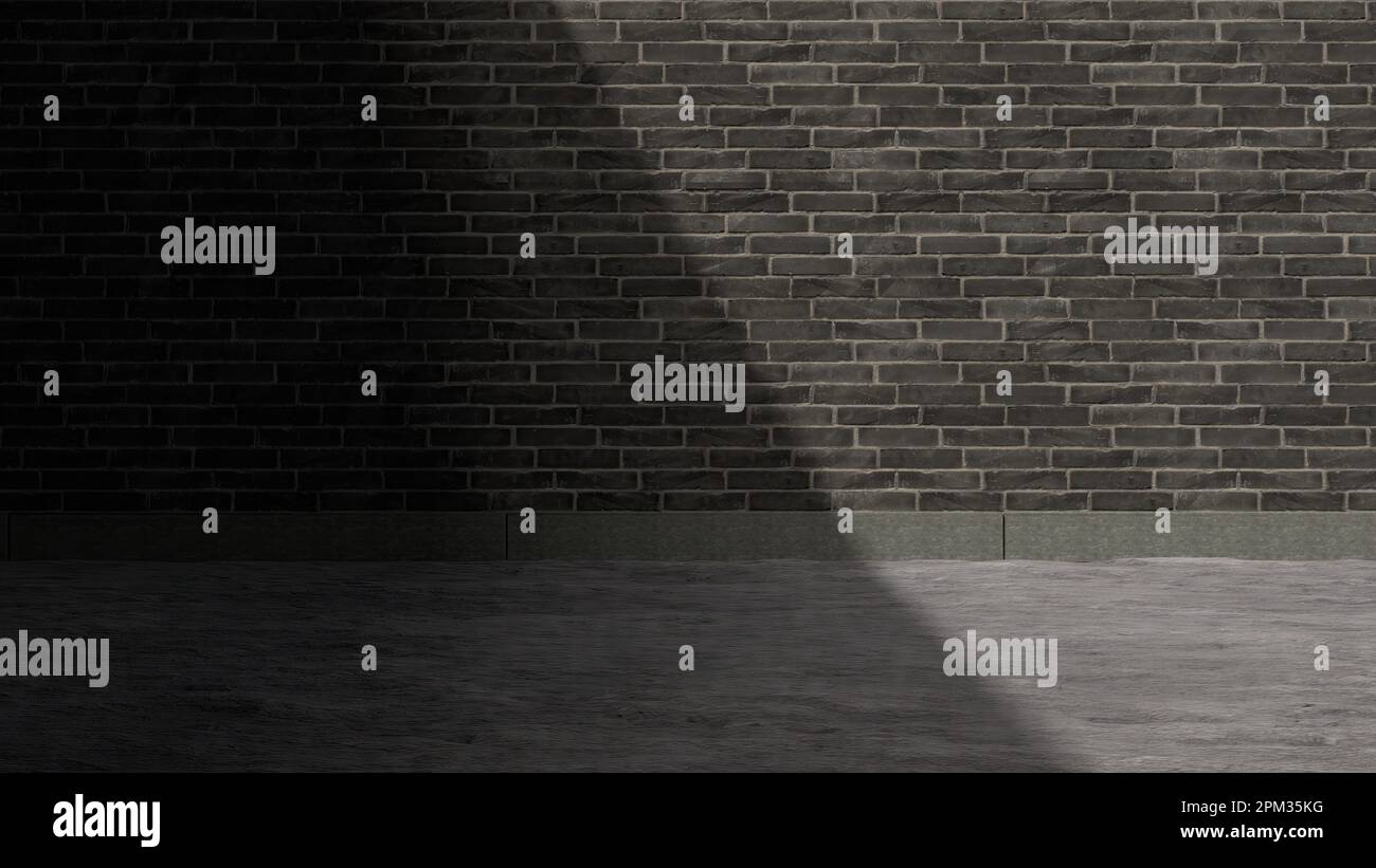 Muro di mattoni all'aperto e pavimento in cemento spazio urbano con ombre affilate astratto strada moderni rendering 3D sfondo design materiale alta qualità 3D i. Foto Stock