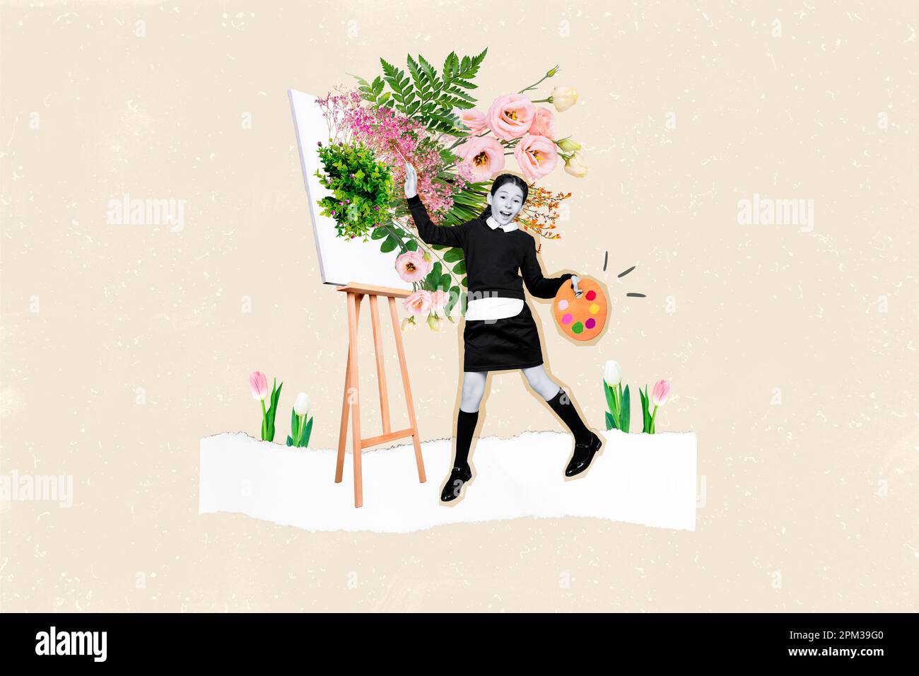 Ritratto collage creativo di colore bianco nero positivo ragazza disegno fiori freschi primavera isolato su sfondo dipinto Foto Stock