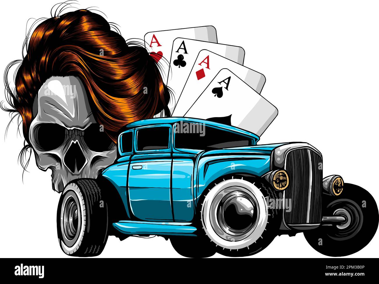 hot rod con cranio donna e poker assi disegno di illustrazione vettoriale su sfondo bianco Illustrazione Vettoriale