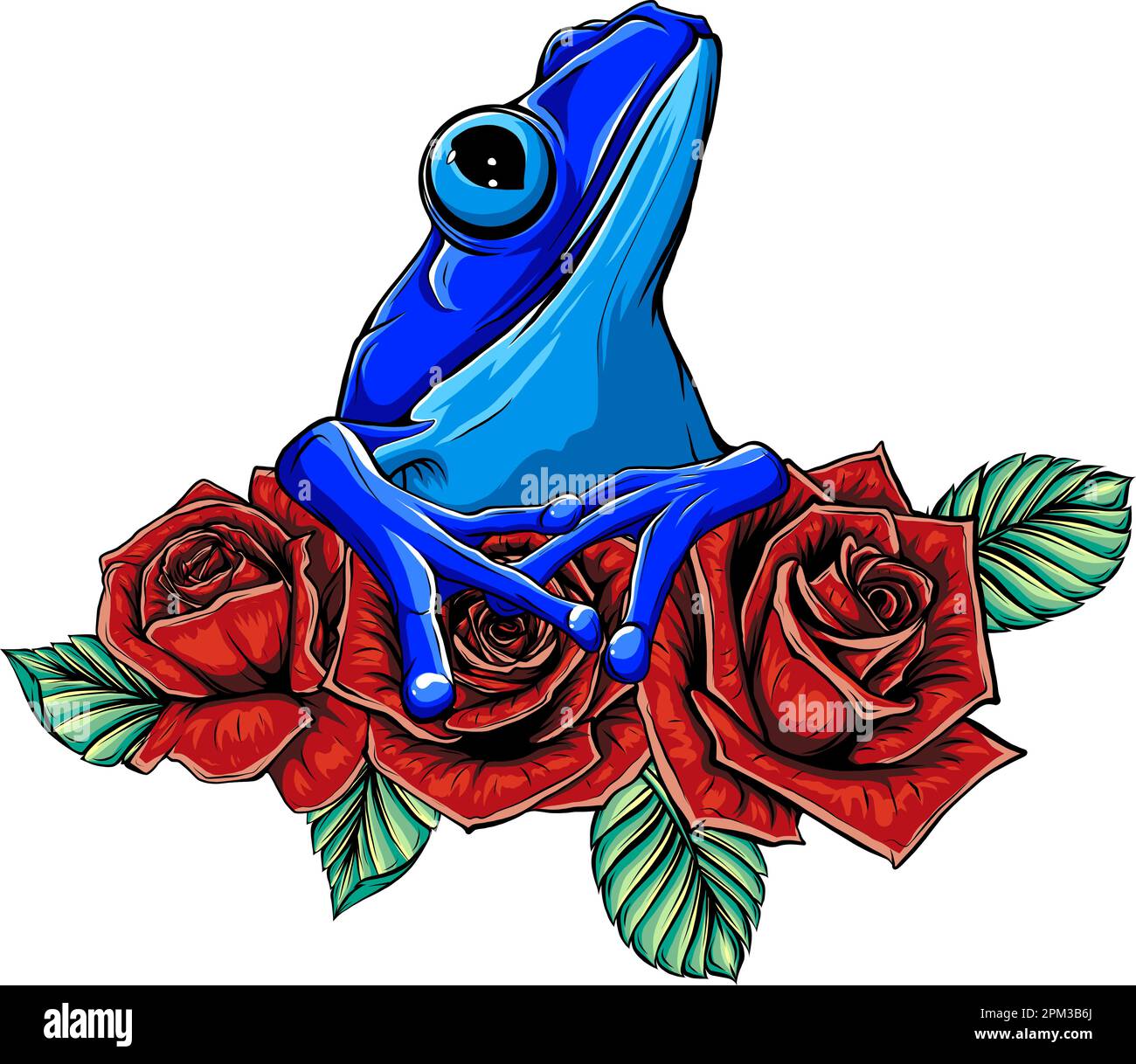 rana sulle rose rosse con disegno vettoriale delle foglie su sfondo bianco Illustrazione Vettoriale