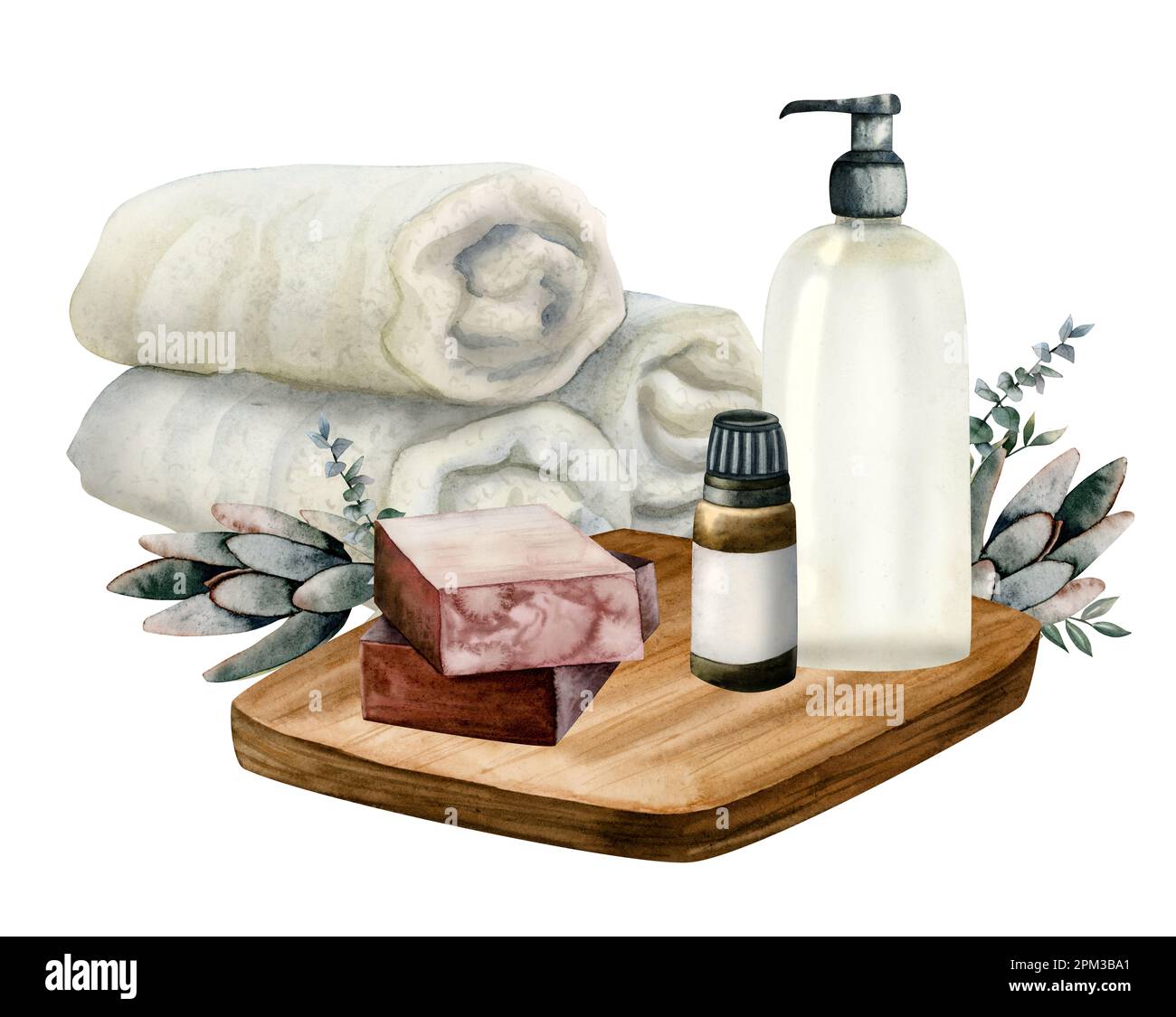 Set relax acquerello con asciugamani arrotolati, bottiglia di olio essenziale, dispenser doccia gel, saponette al marrone decorato con rami di eucalipto Foto Stock