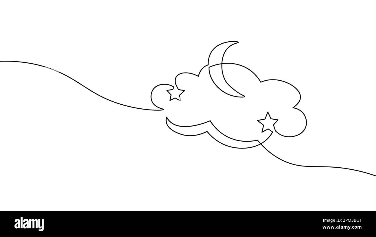 Simbolo di una luna e stelle a linea continua. Una linea doodle bambini decorazione tessile sfondo sogno notte. Illustrazione vettoriale Illustrazione Vettoriale