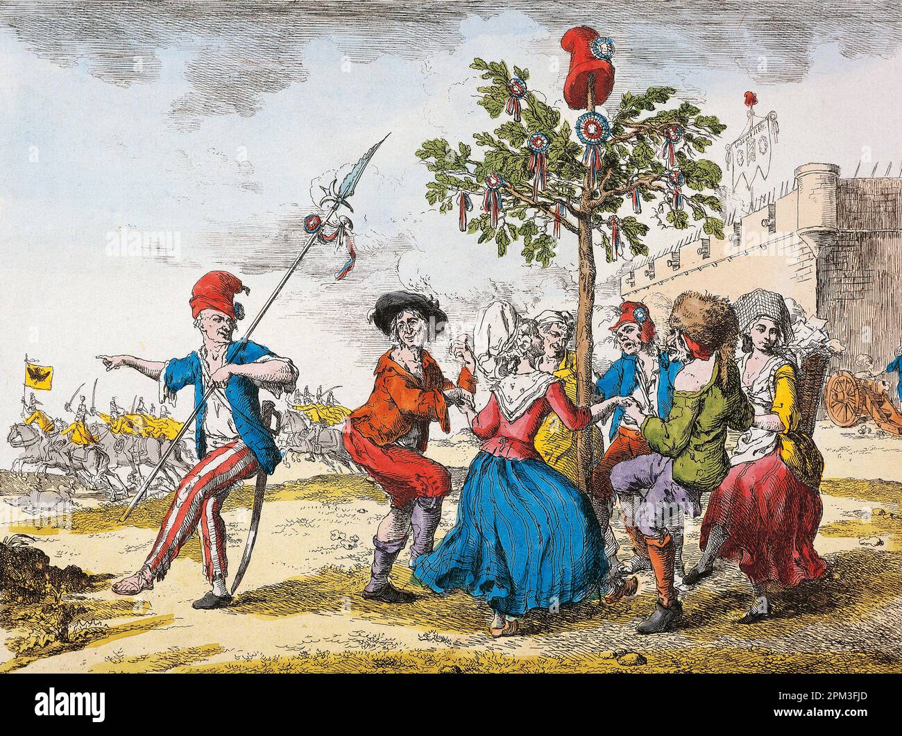 Rivoluzione francaise : 'le peuple de Paris dansant autour de l'arbre de la Liberte, surmonte du bonnet phrygien, en chantant la Carmagnole; 1792' (rivoluzione francese : dopo la caduta della monarchia, le danze parigine intorno al polo liberty sormontate da un cappellino frigio che canta la canzone rivoluzionaria 'Carmagnole' 1792). Foto Stock