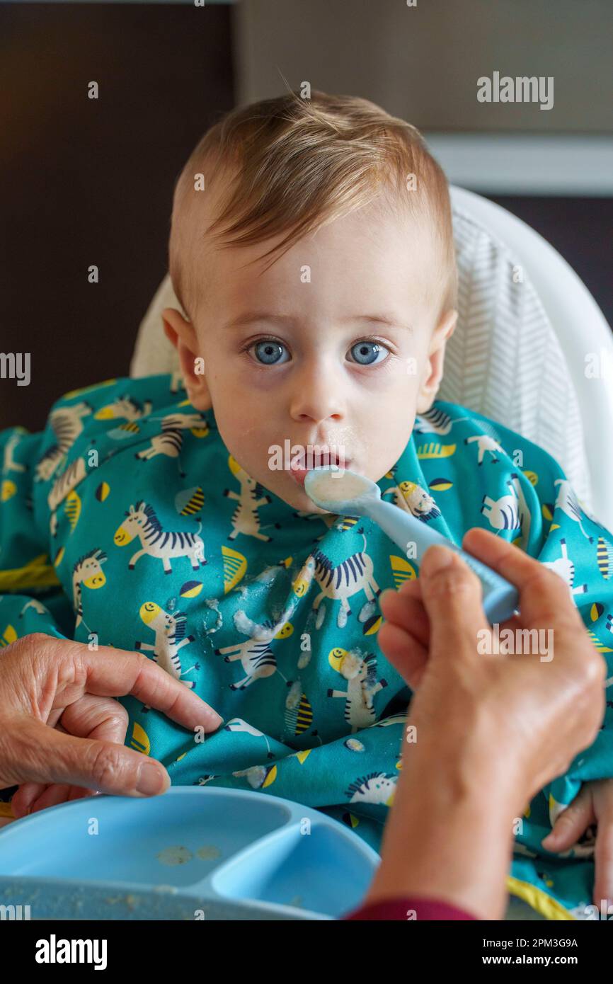 Nonna che alimenta suo nipote Foto Stock